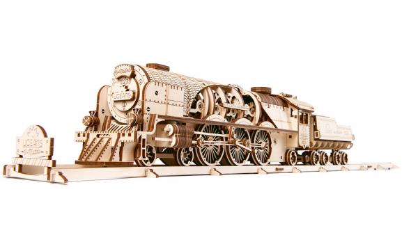 UGEARS Mechanisches Holzmodell | V-Express Dampflokomotive mit Tender Holz Puzzle Bausatz