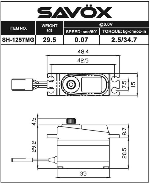 SAVÖX SH-1257MG (6V/2,6KG/0,07s) Mini Size Coreless Digital Servo